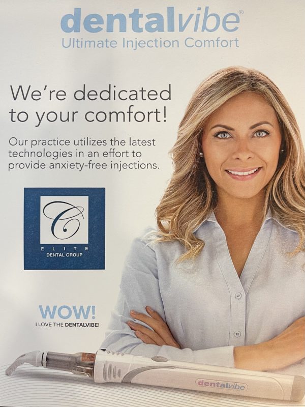 Promotional poster for DentalVibe featuring a smiling woman and a handheld device for pain-free injections